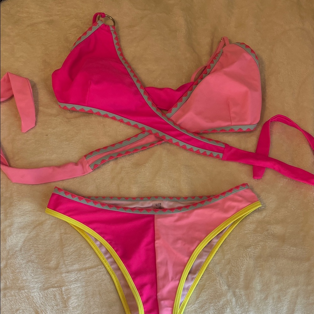 SHEIN Pink and Yellow Bikini Set